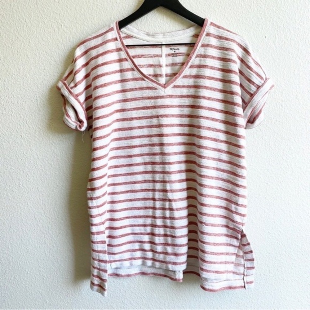 Lightweight V-Neck Striped Tee - White & Dusty Rose